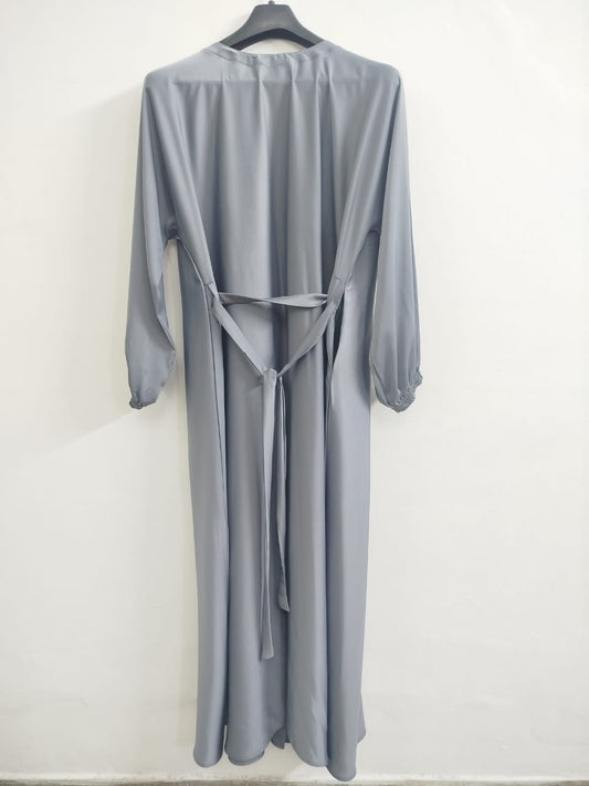 Silver Grey Front Pleated Abaya with Embellished Buttons