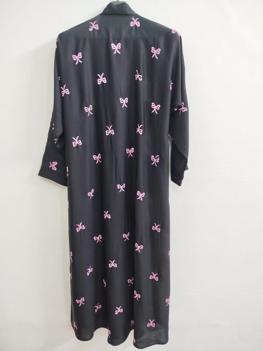 Embroidered Front Open Abaya with Elegant Pink Bow Design