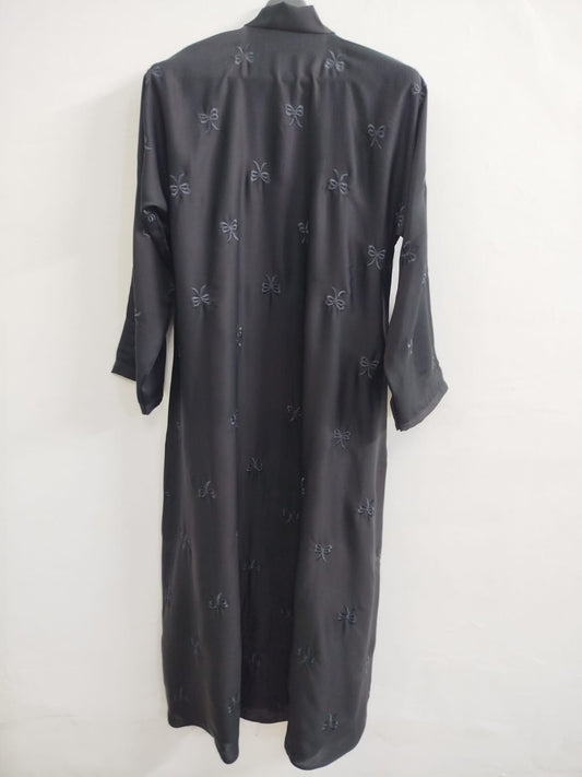 Embroidered Front Open Abaya with Elegant Black Bow Design