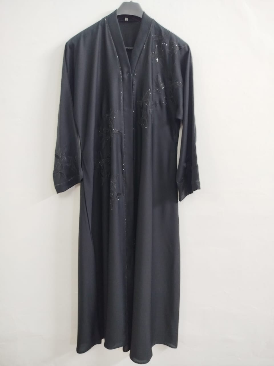 Black Front Open Nida Abaya with Butterfly Embroidery