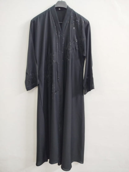 Black Front Open Nida Abaya with Butterfly Embroidery