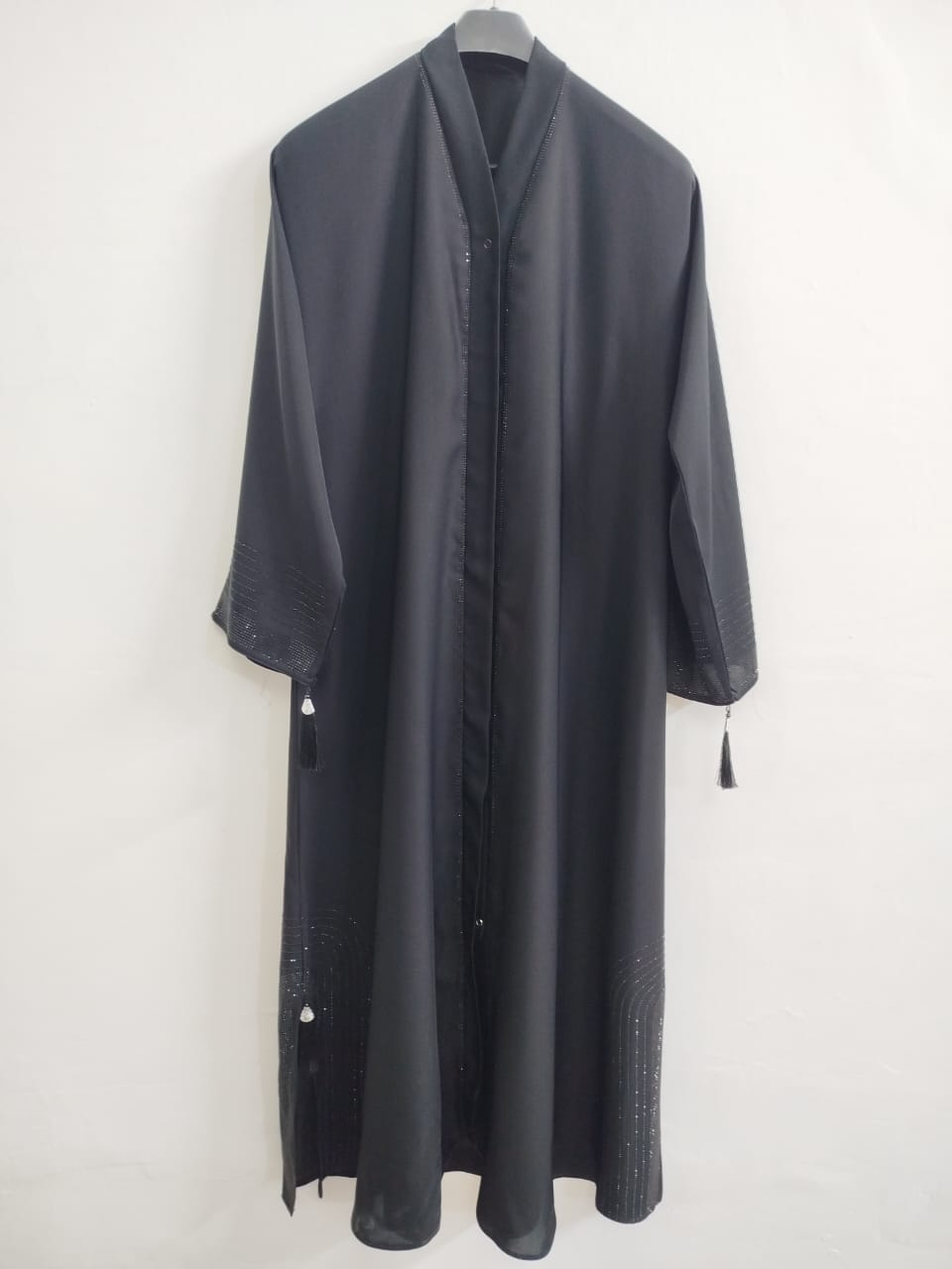 Black Front Open Nida Abaya with Embroidery