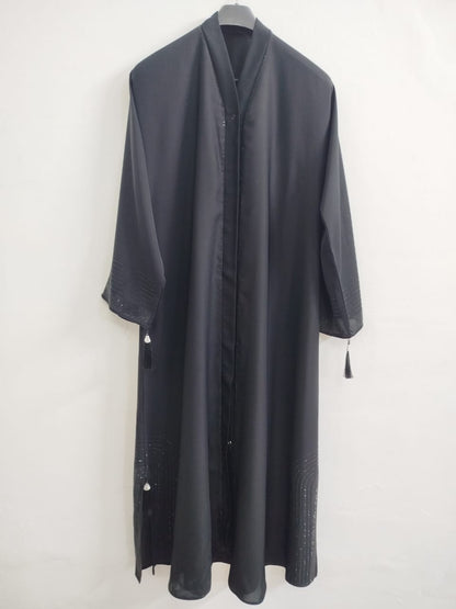 Black Front Open Nida Abaya with Embroidery