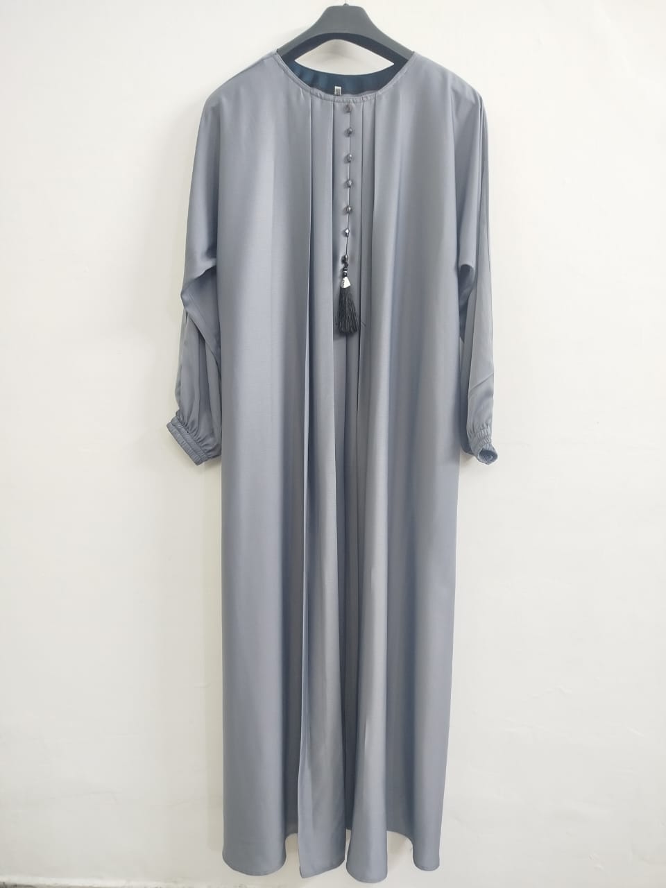 Silver Grey Front Pleated Abaya with Embellished Buttons