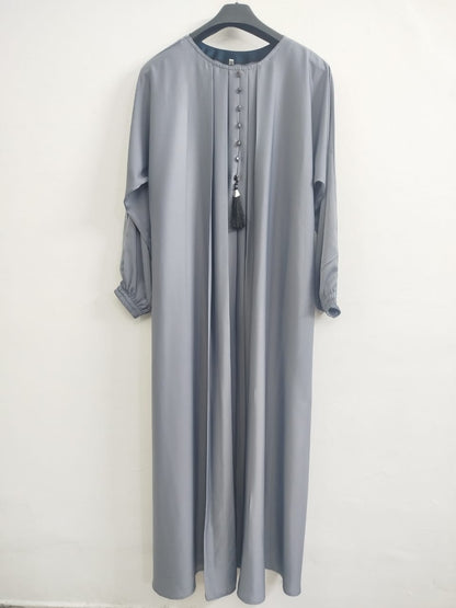 Silver Grey Front Pleated Abaya with Embellished Buttons