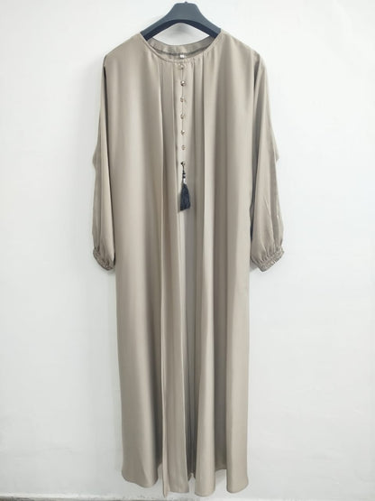 Skin Colored Front Pleated Abaya with Embellished Buttons