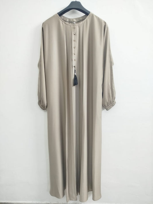 Skin Colored Front Pleated Abaya with Embellished Buttons