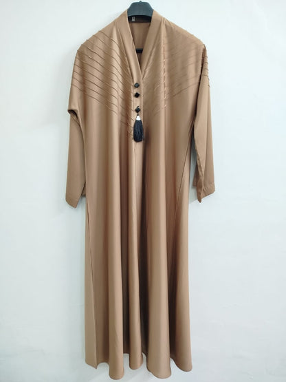 Elegant Front Open V-Pleated Skin Golden Abaya