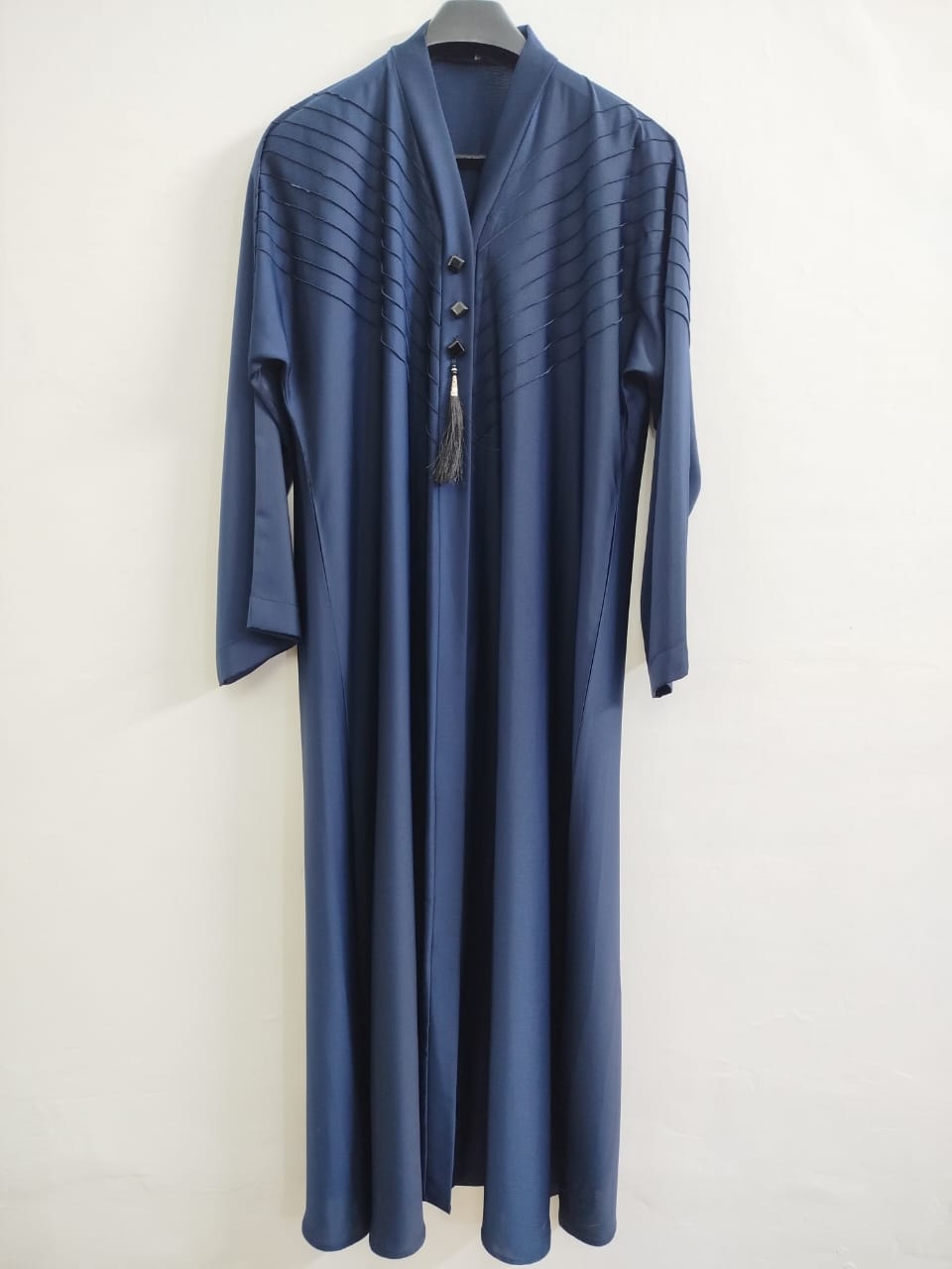 Elegant Front Open V-Pleated Navy Blue Abaya