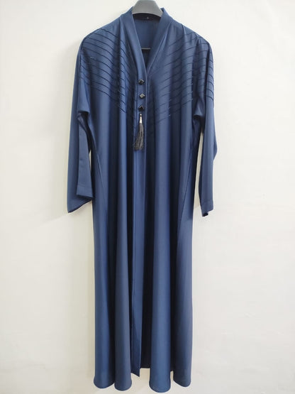 Elegant Front Open V-Pleated Navy Blue Abaya