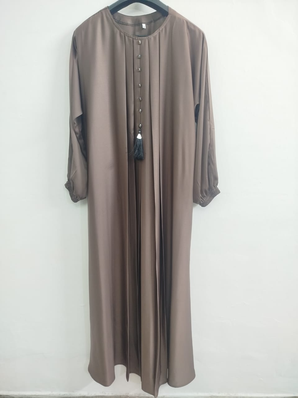 Light Brown Front Pleated Abaya with Embellished Buttons