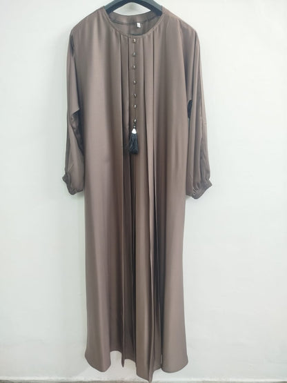 Light Brown Front Pleated Abaya with Embellished Buttons