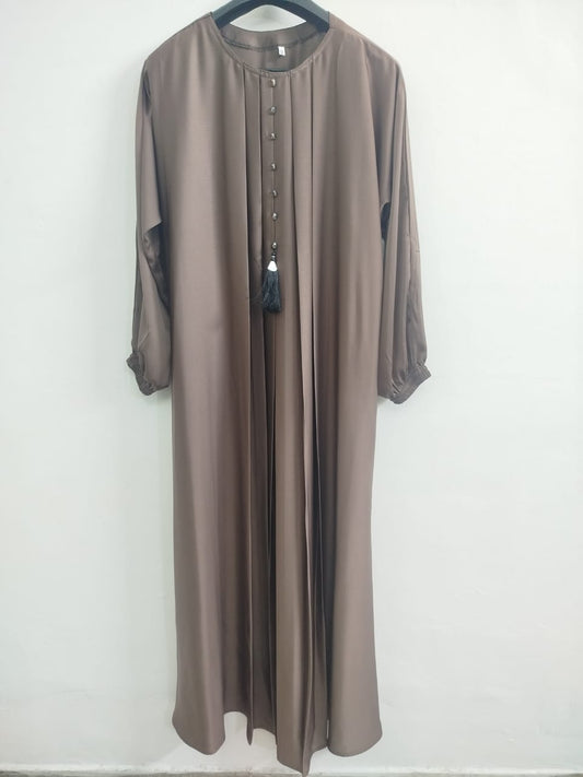 Light Brown Front Pleated Abaya with Embellished Buttons
