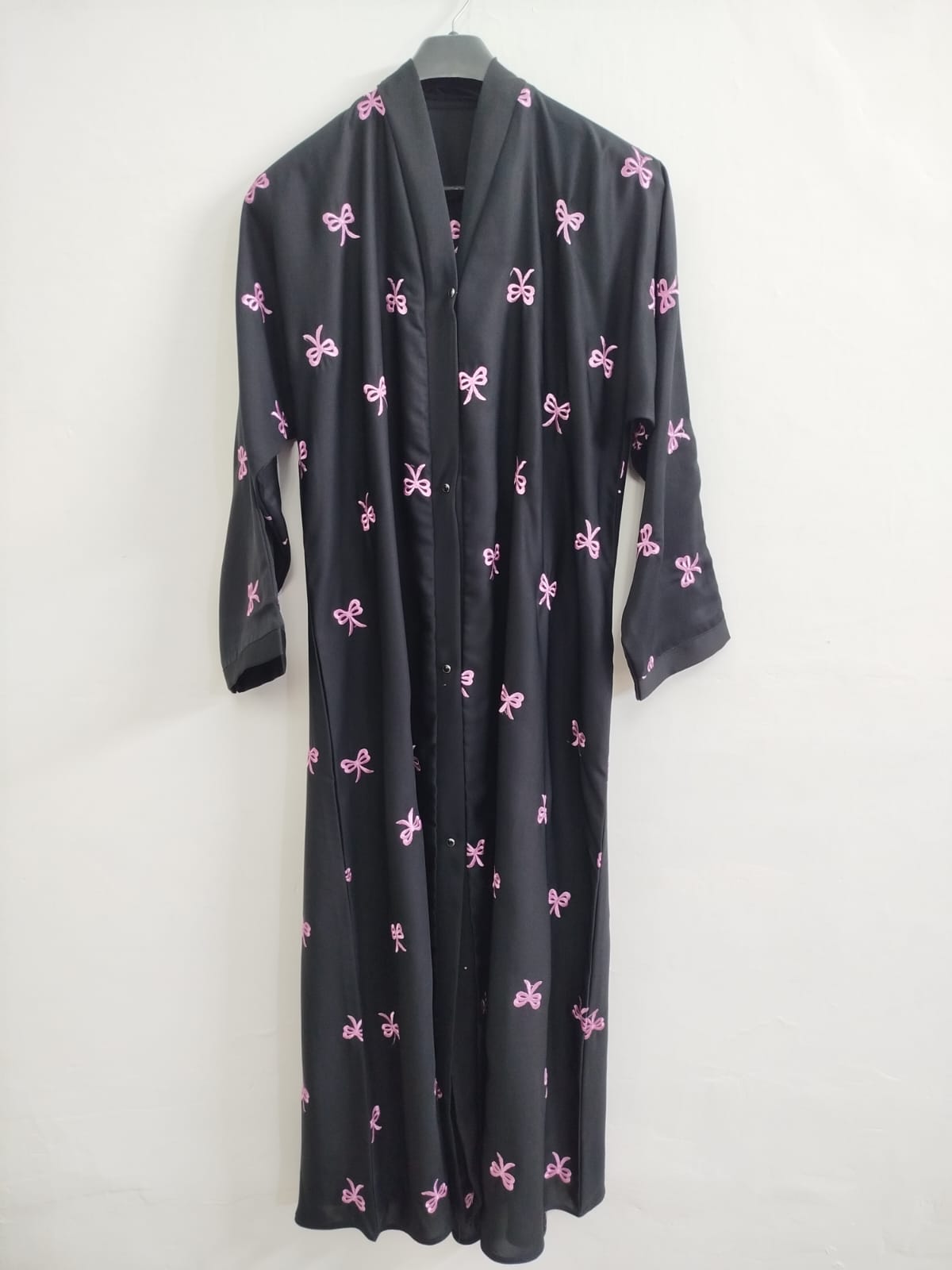Embroidered Front Open Abaya with Elegant Pink Bow Design