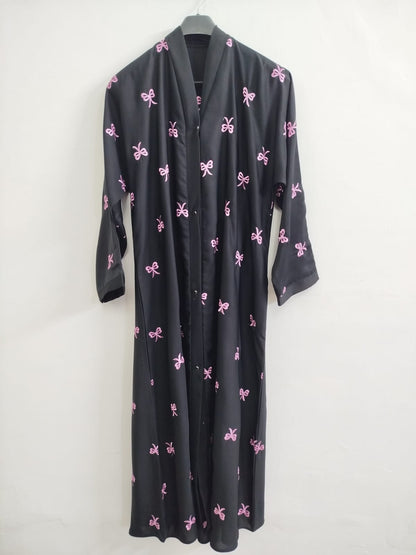 Embroidered Front Open Abaya with Elegant Pink Bow Design