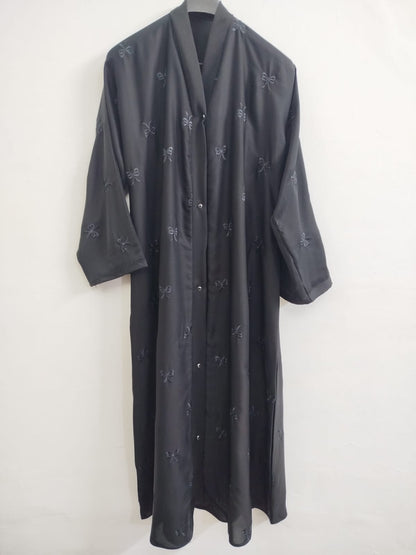 Embroidered Front Open Abaya with Elegant Black Bow Design