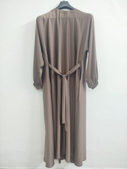 Light Brown Front Pleated Abaya with Embellished Buttons